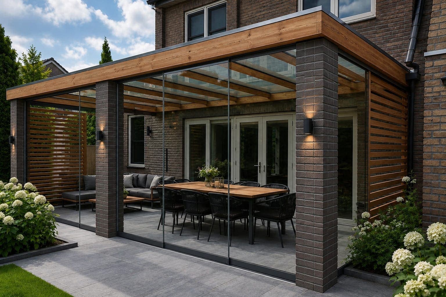 Houten overkapping met glazen schuifwanden en gemetselde stenen penanten